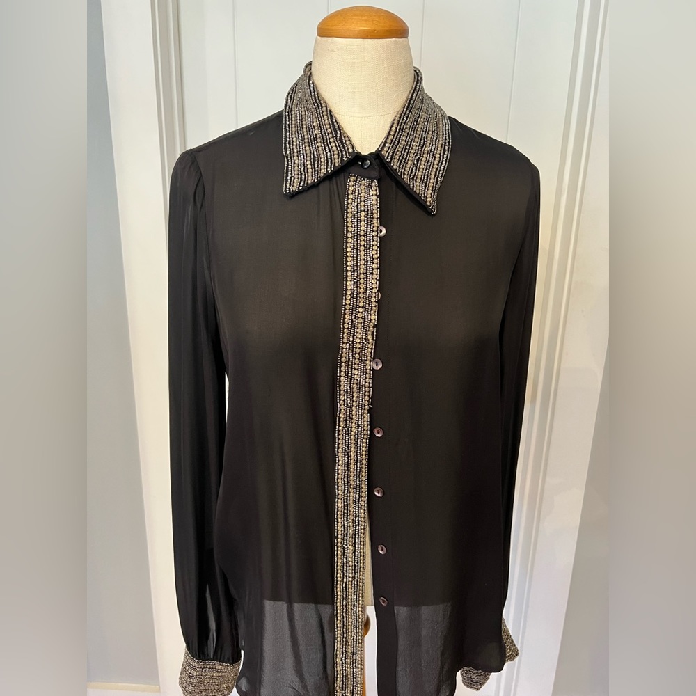 Haute Hippie Beaded Sheer Black Silk Blouse